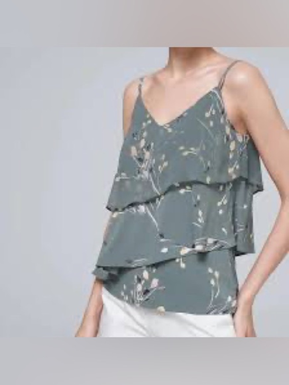 White House Black Market Slate Green Floral Ruffle Cami